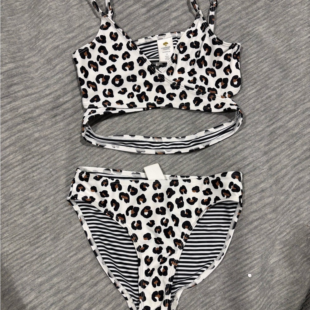 Tucker + Tate Girls Leopard Print Bikini Two Piece‎ Swimsuit Size 10 White Black